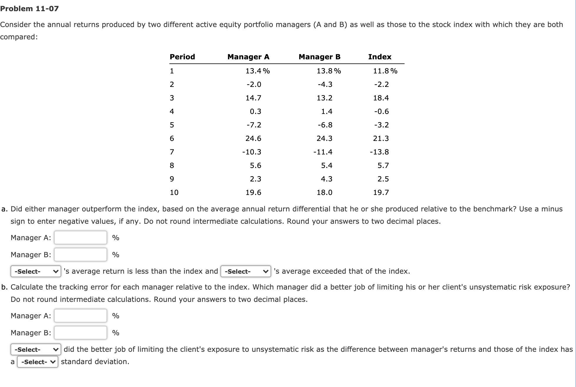 Problem 11-07 Consider the annual returns produced by two different active