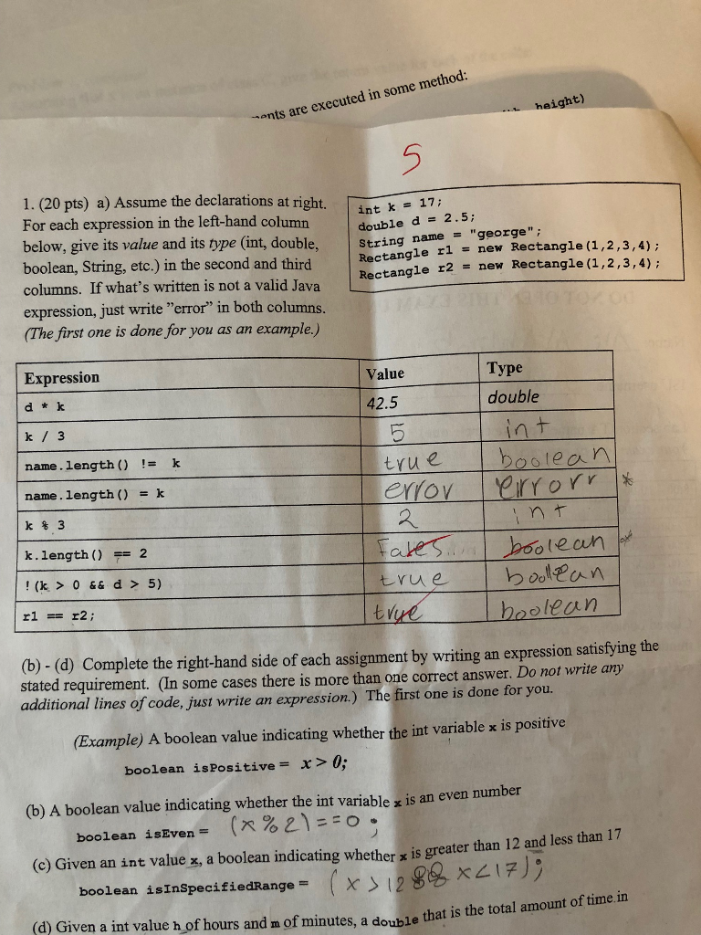  ants are executed in some method: height) 1(20 pts) a) Assume