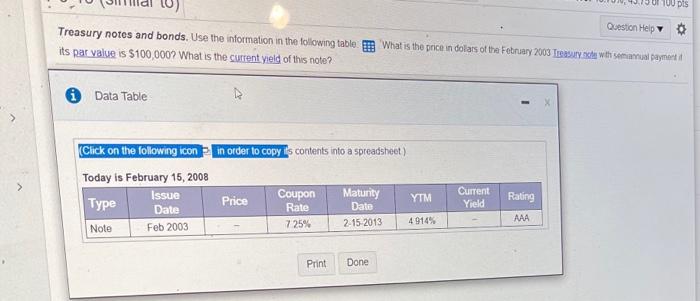  100 pts Question Help Treasury notes and bonds. Use the information