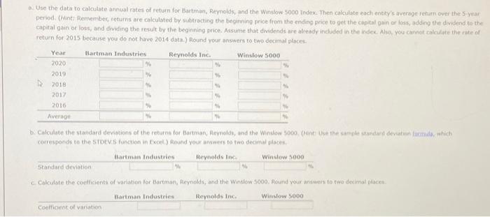 in all blanks Excel Activity: Evaluating Risk and Return Bartman Industries's and