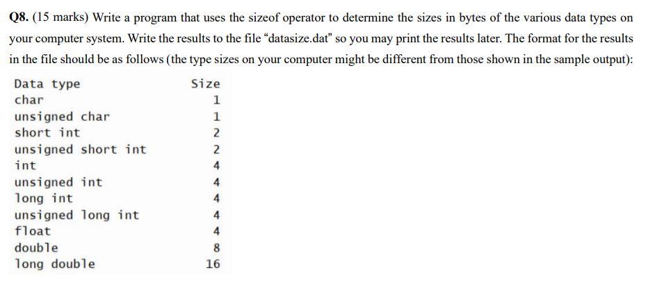 Write a program that uses the sizeof operator to determine the sizes