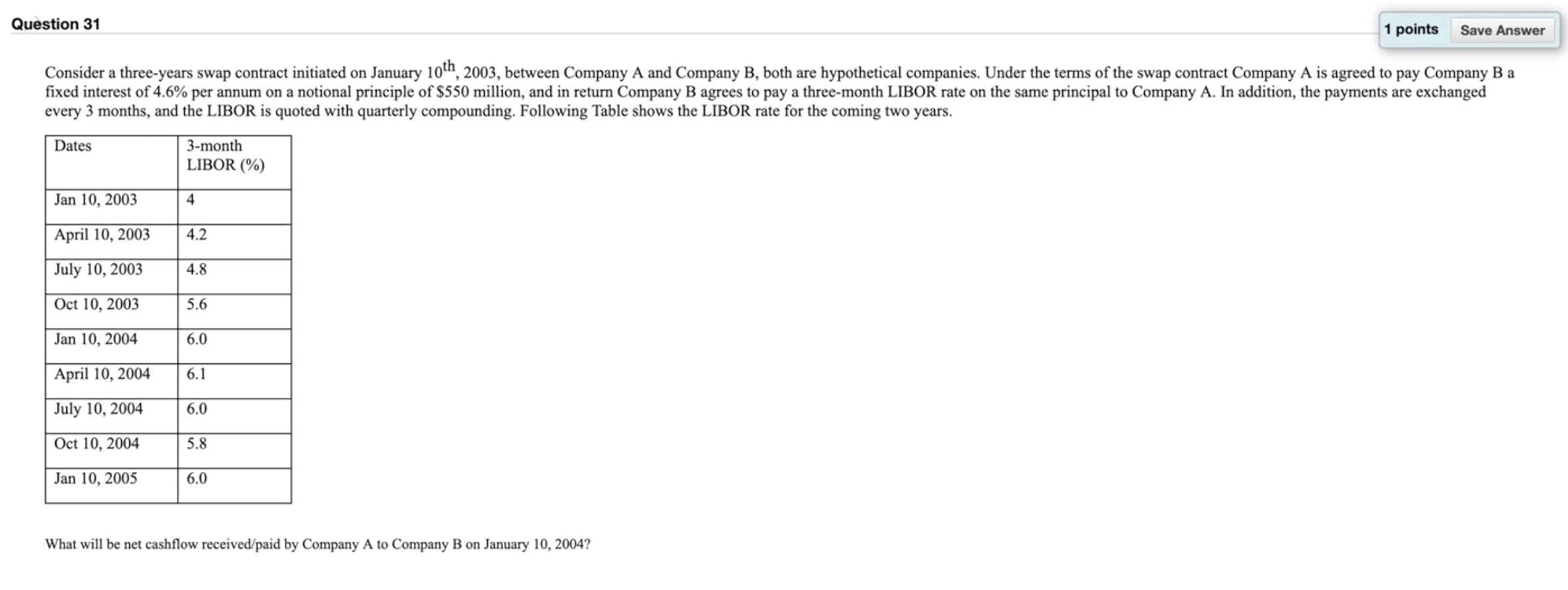 Question 31 1 points Save Answer Consider a three-years swap contract