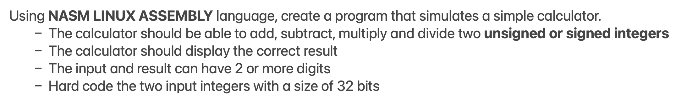 Using NASM LINUX ASSEMBLY language, create a program that simulates a simple