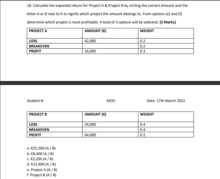 18. Calculate the expected return for Project A & Project B