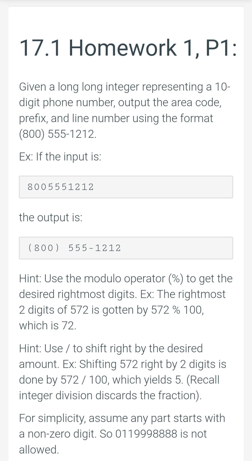  17.1 Homework 1, P1: Given a long long integer representing a