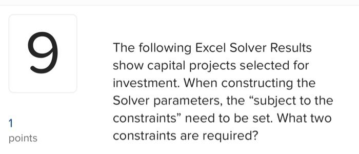 question 9 help needed The following Excel Solver Results show capital projects