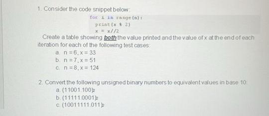  Consider the code snippet below: )(2 Create a table showing both