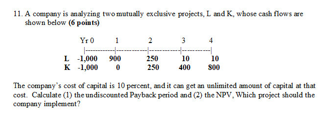  11. A company is analyzing two mutually exclusive projects. L and