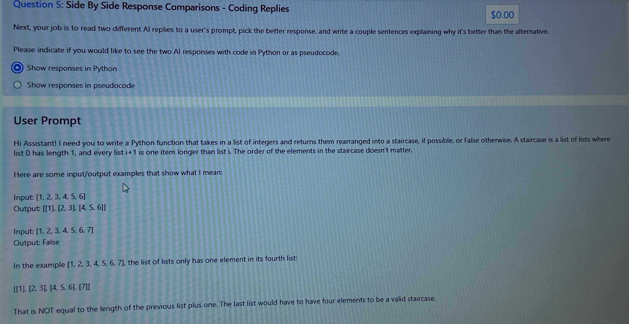  Question 5: Side By Side Response Comparisons - Coding Replies $0.00