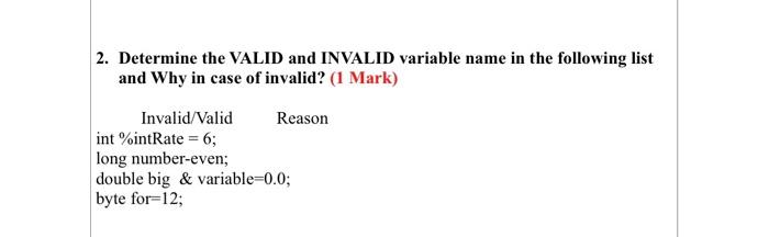 Subject Name. Programming 2. Determine the VALID and INVALID variable name in