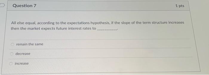  Question 7 1 pts All else equal, according to the expectations