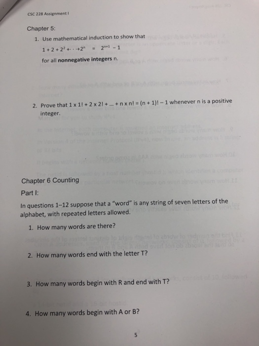  Discrete math CSC 228 Assignment I Chapter 5: Use mathematical induction