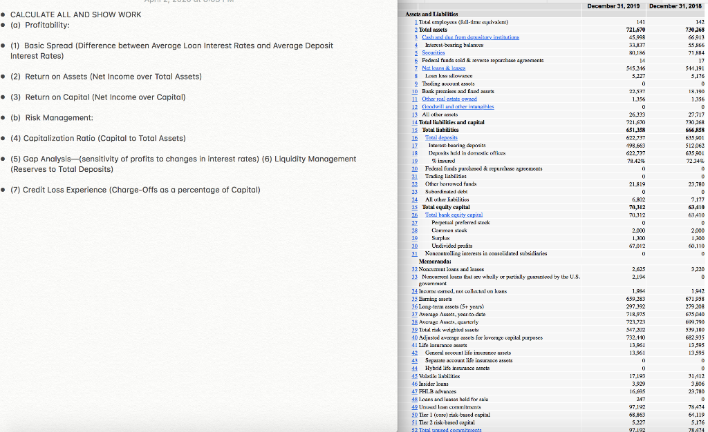  CALCULATE ALL AND SHOW WORK (a) Profitability: (1) Basic Spread (Difference
