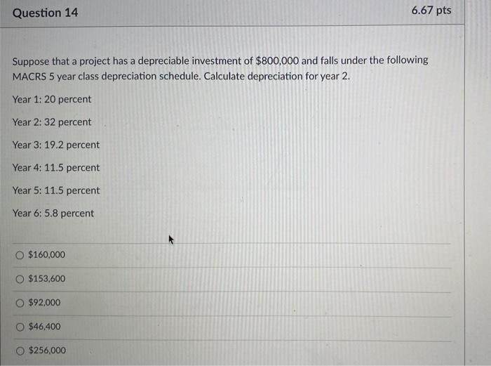  Question 14 6.67 pts Suppose that a project has a depreciable