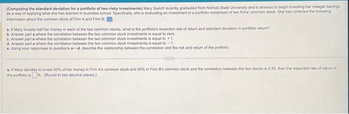  (Computing the standard deviation for a portfolio of two riaky investments)