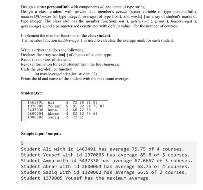C++ Design a struct personalinfo with components id, and name of type