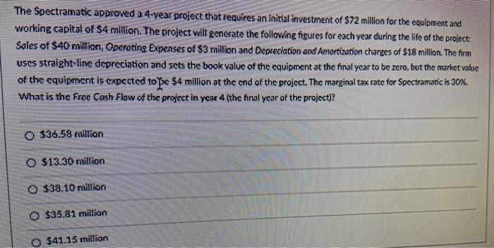  The Spectramatic approved a 4-year project that requires an initial investment