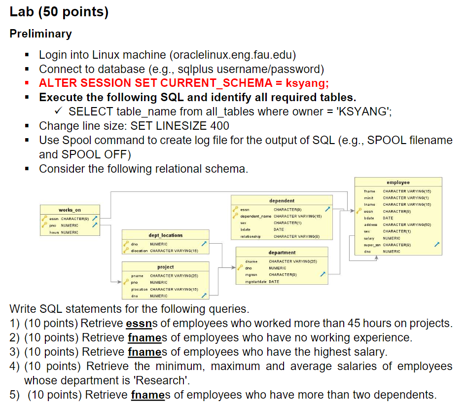  Lab (50 points) Preliminary " Login into Linux machine (oraclelinux.eng.fau.edu) Connect