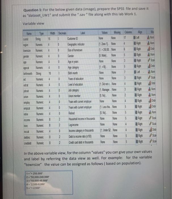  Question 1: For the below given data (image), prepare the SPSS