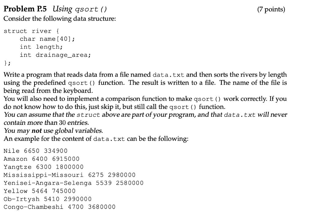 C PROGRAMMING C PROGRAMMING Problem P.5 Using qsort() (7 points) Consider the