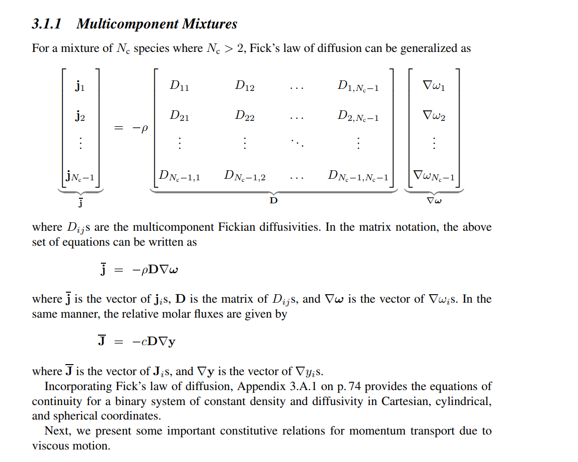  Why does the diffusivity matrix for the mixture of Nc species