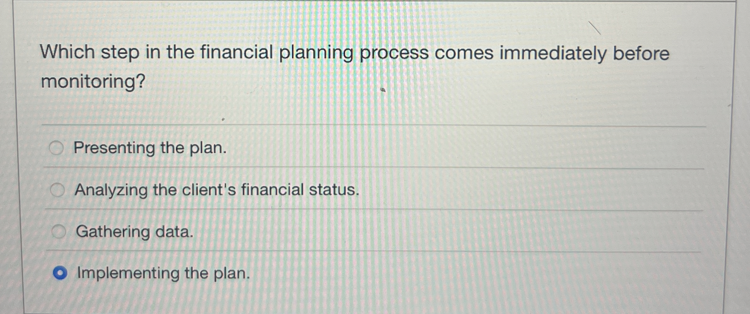  Which step in the financial planning process comes immediately before monitoring?