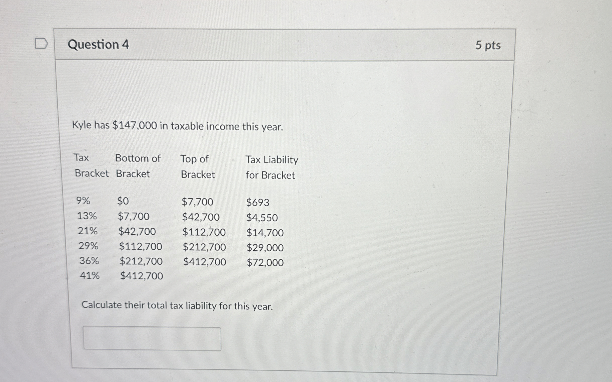  Question 4 5 pts Kyle has $147,000 in taxable income this