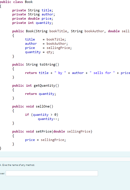  public class Book { private String title; private String author; private