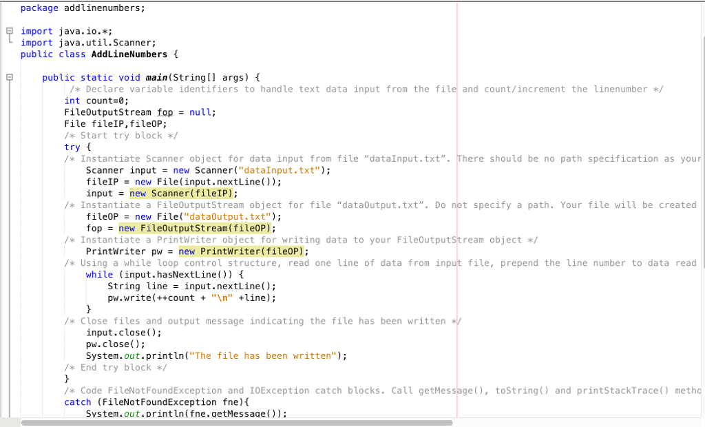 Program instructions: Create a Java NetBeans project named AddLineNumbers with the main