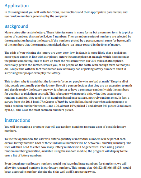  Application In this assignment you will write functions, use functions and