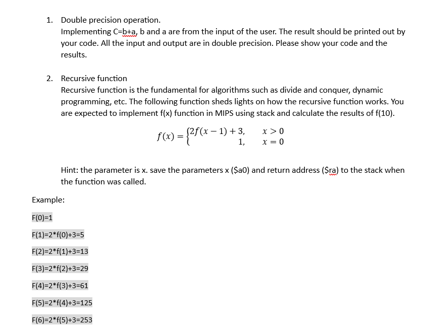  Help this question in MIPS Assembly Language. Double precision operation. Implementing