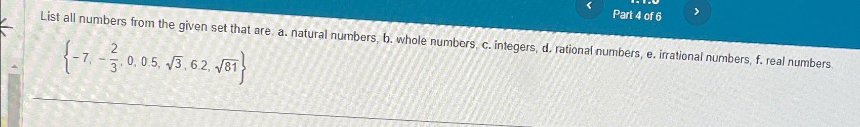  List all numbers from the given set that are: a. natural