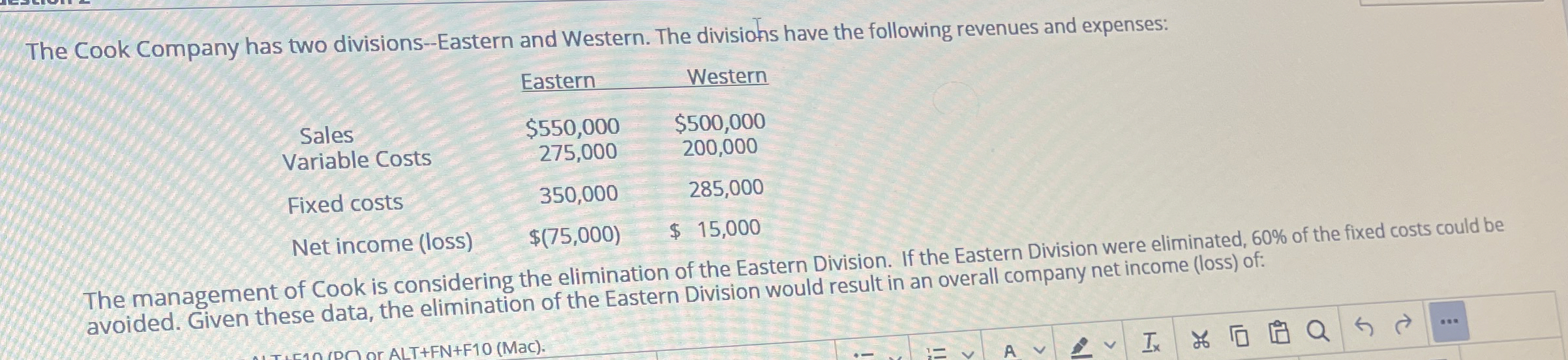  The Cook Company has two divisions--Eastern and Western. The divisiohs have