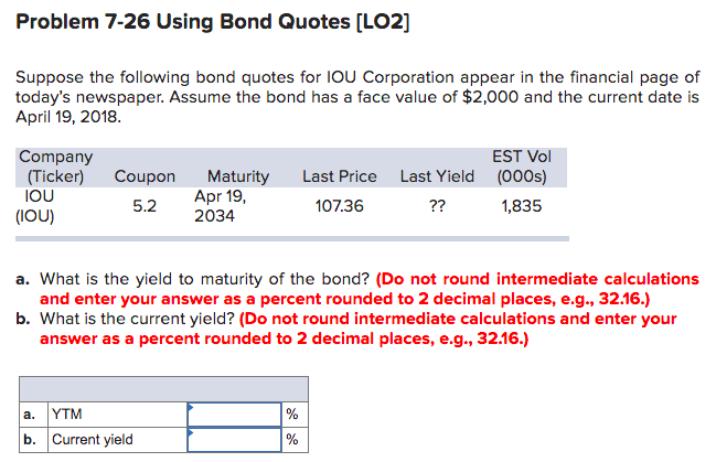  Problem 7-26 Using Bond Quotes (LO2] Suppose the following bond quotes