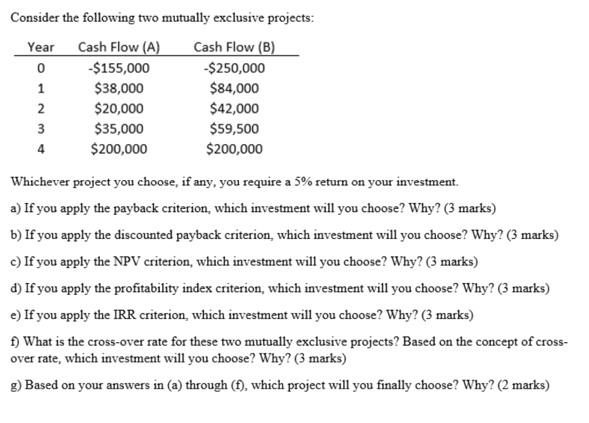 Consider the following two mutually exclusive projects: Year 0 1 Cash