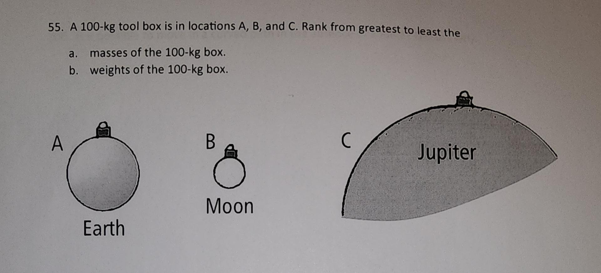  55. A 100-kg tool box is in locations A, B, and