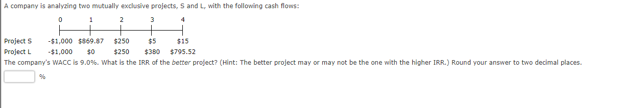  A company is analyzing two mutually exclusive projects, S and L,