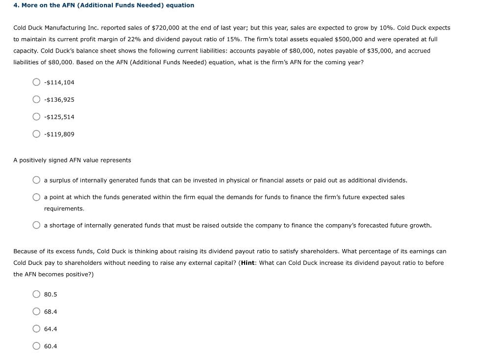 4. More on the AFN (Additional Funds Needed) equation Cold Duck