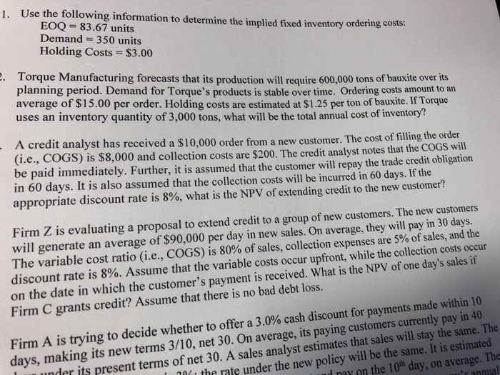  1. Use the following information to determine the implied fixed inventory