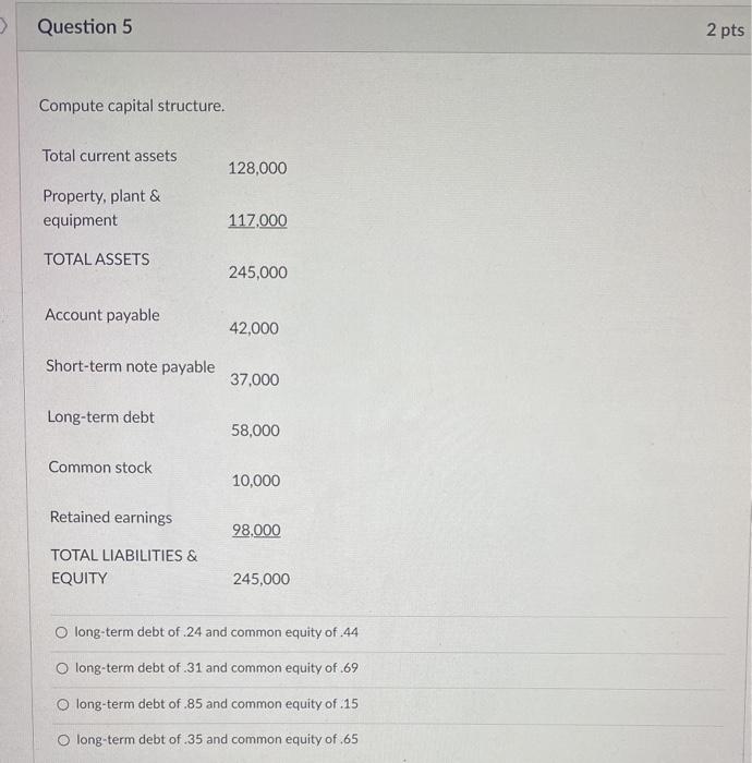  Question 5 2 pts Compute capital structure. Total current assets 128,000