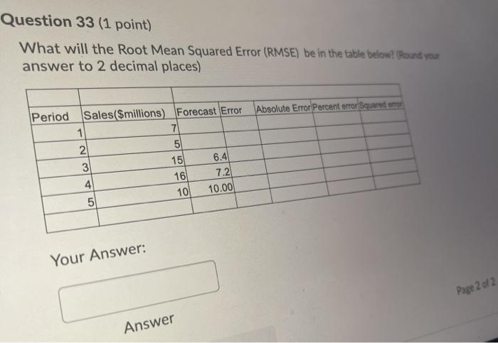  Question 33 (1 point) What will the Root Mean Squared Error