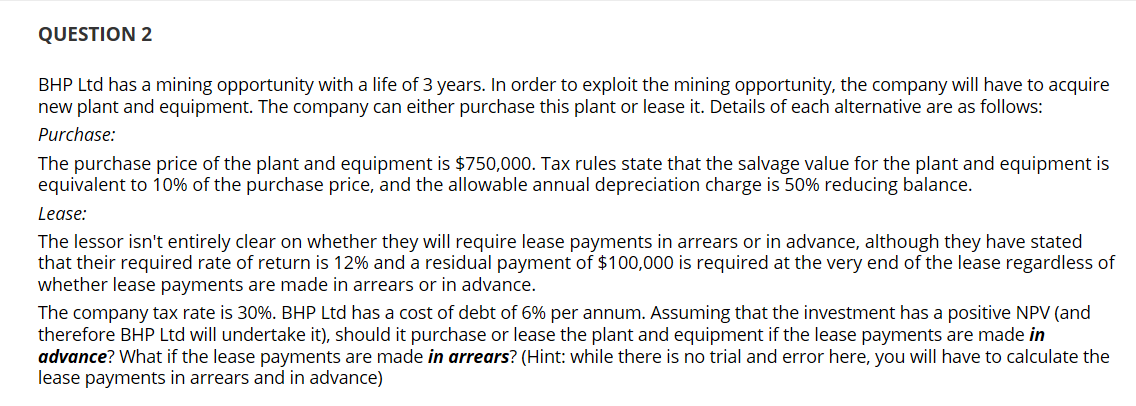 QUESTION 2 BHP Ltd has a mining opportunity with a life