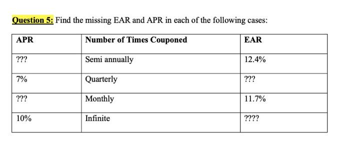  Question 5: Find the missing EAR and APR in each of