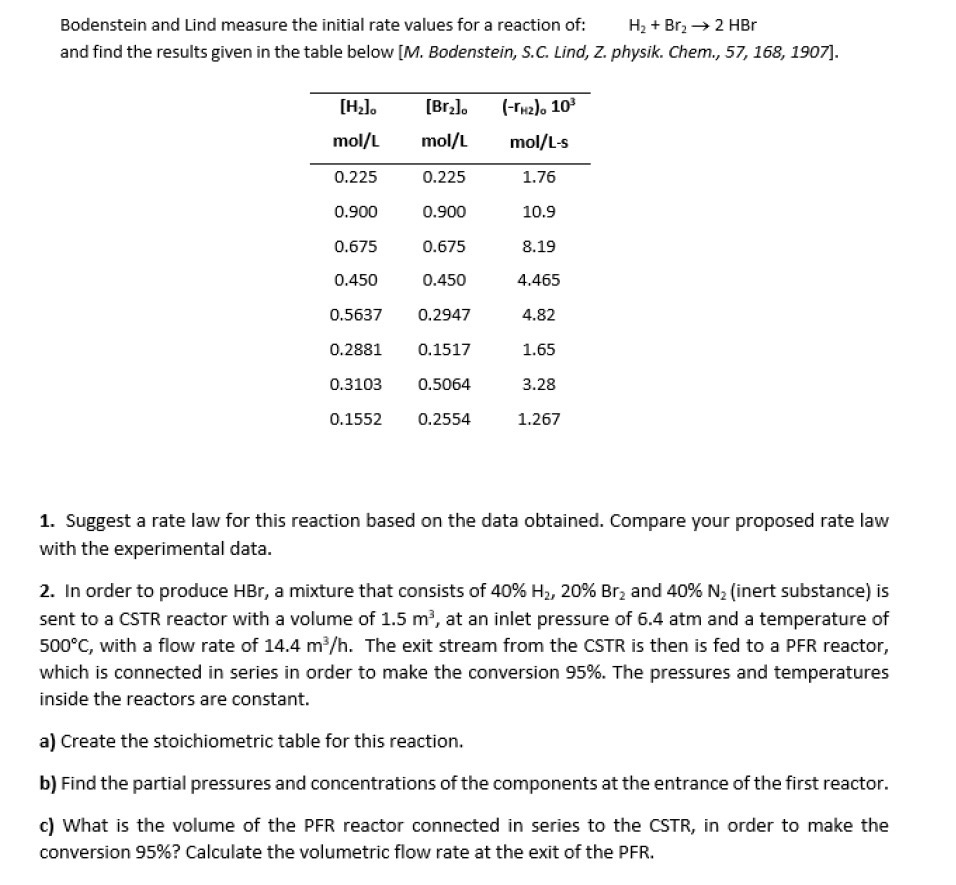  PLEASE SOLVE THE QUESTION USING MATLAB!! Bodenstein and Lind measure the