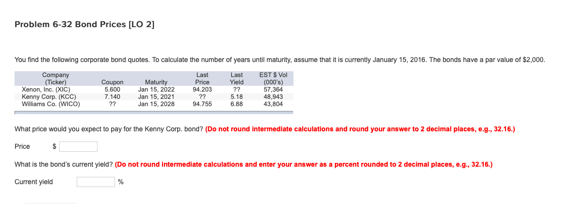 This is the complete questions. Problem 6-32 Bond Prices [LO 2] You