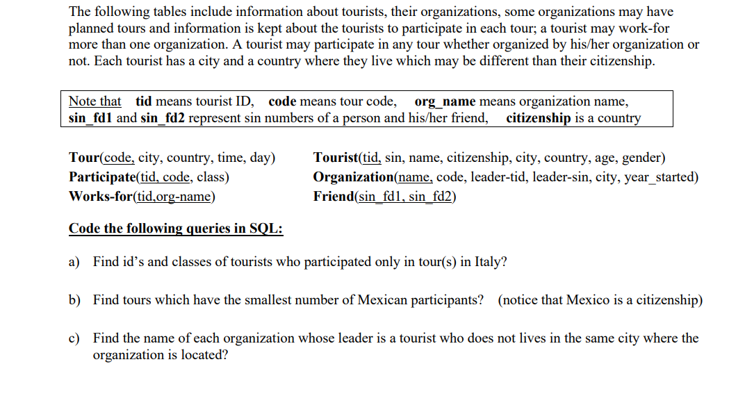 Code the following queries in SQL: The following tables include information about