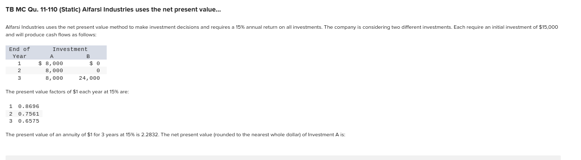  Alfarsi Industries uses the net present value method to make investment
