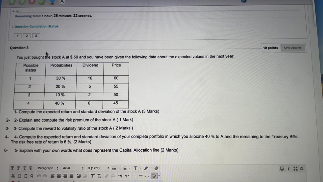Remaining Time: 1 hour, 28 minutes, 22 seconds. Question Completion Status: