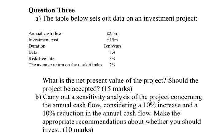  Question Three a) The table below sets out data on an
