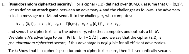  1. [Pseudorandom ciphertext security] For a cipher (E,D) defined over (K,M,C),